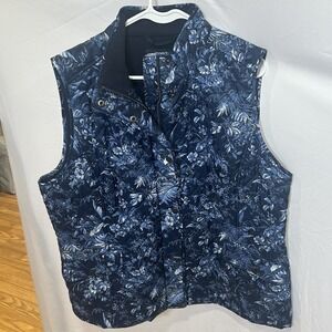 Talbots Vest Womens XL Blue Floral Quilted Full Zip Snap Pockets Fleece Lined